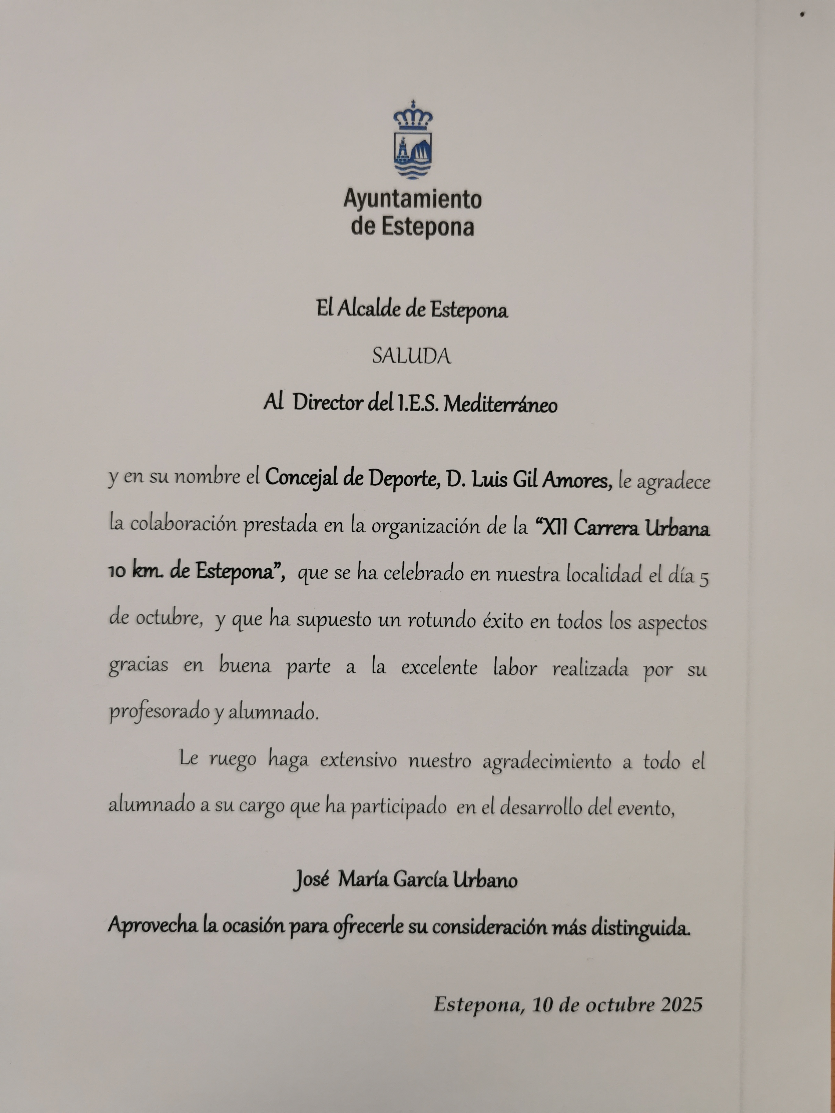 Imagen de la noticia: AGRADECIMIENTO AL ALUMNADO PARTICIPANTE EN LA XII CARRERA URBANA10KM. DE ESTEPONA