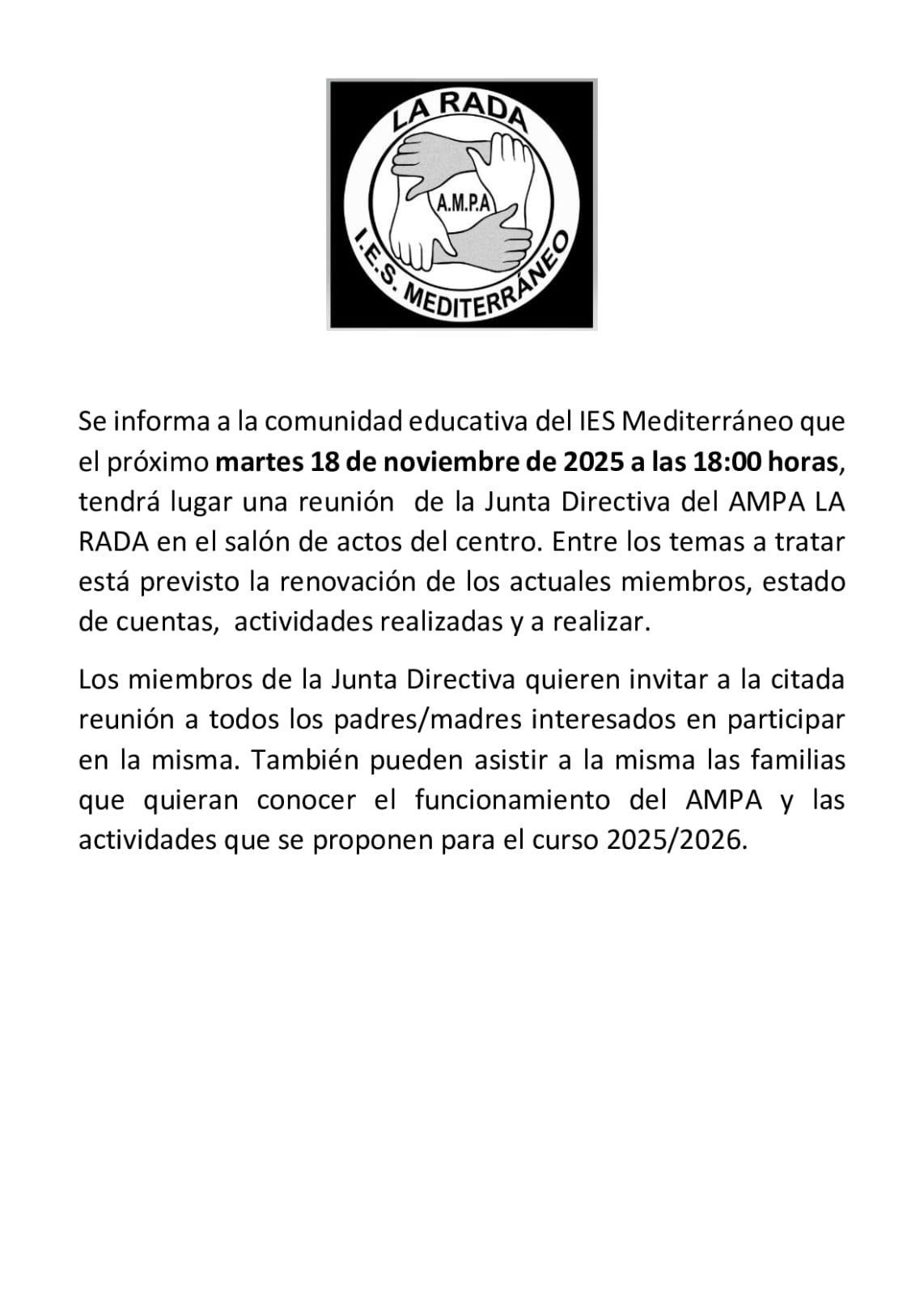 Imagen de la noticia: Convocatoria a la Reunión del AMPA LA RADA para el martes 18 de noviembre 