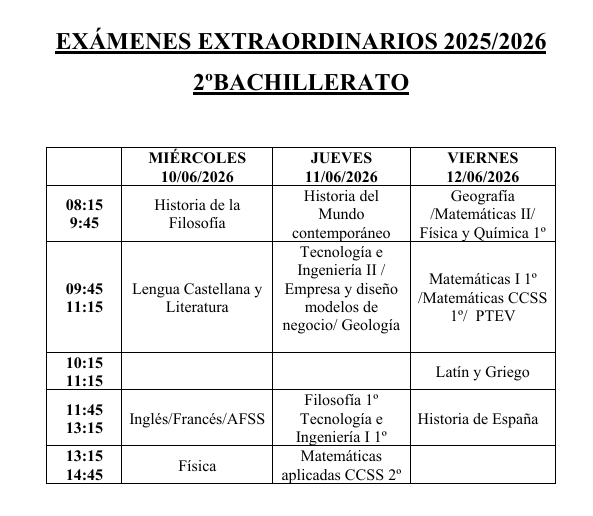 Imagen de la noticia: CALENDARIO EVALUACIÓN EXTRAORDINARIA 2º BACHILLERATO